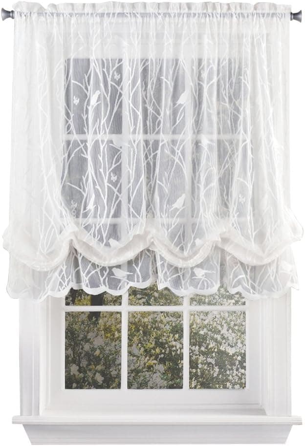 Collections Etc Songbird Shabby Chic Lace Balloon Shade Curtain with Rod Pocket Top, 56" W x 63" L, White