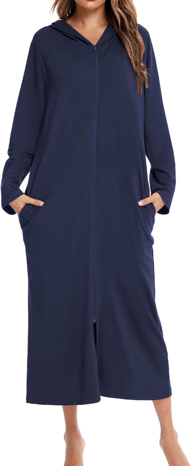 Lu's Chic Women's Long Robe Hooded Bathrobe Zipper Up Duster Full Length Solid Pocket Housecoat Sleepwear