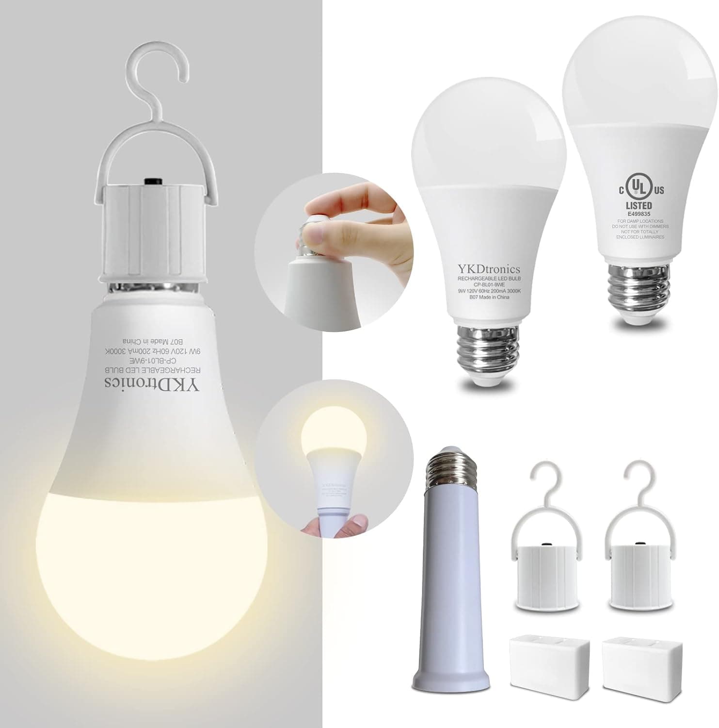 YKDtronics Rechargeable Light Bulbs, Emergency Battery Light Bulb for Power Outage, Battery Operated Light Bulbs 2000mAh Battery Backup 850Lumens 9W 60W Equivalent 3000K Soft White E26/E27 120V 2Pk
