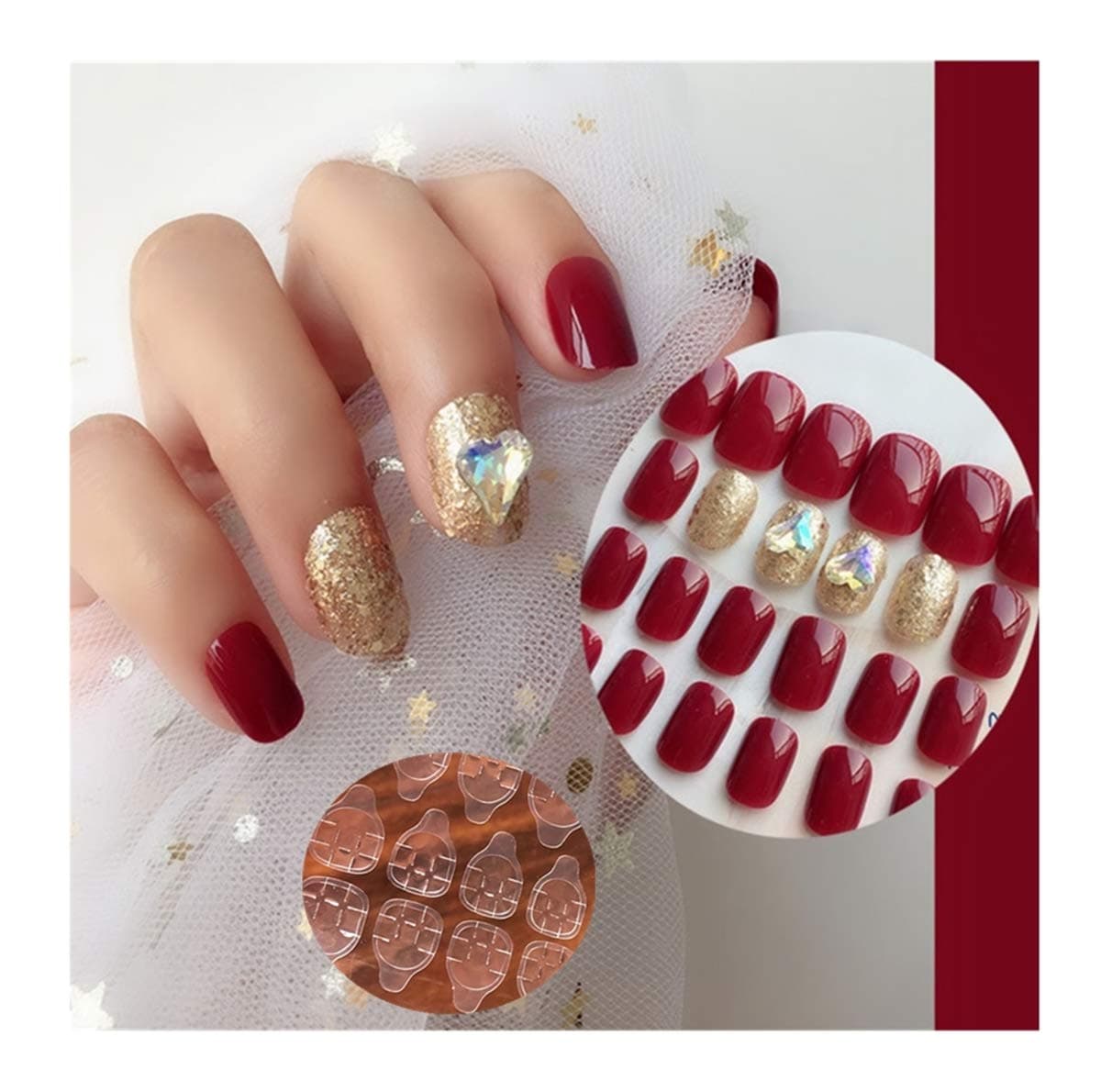 HPMJ Rose Red DIY False Nails 24pcs 12 Different Sizes Stick on nails for Women and girls Cute Press on nails flake nails with glue for Kiss Wedding Party