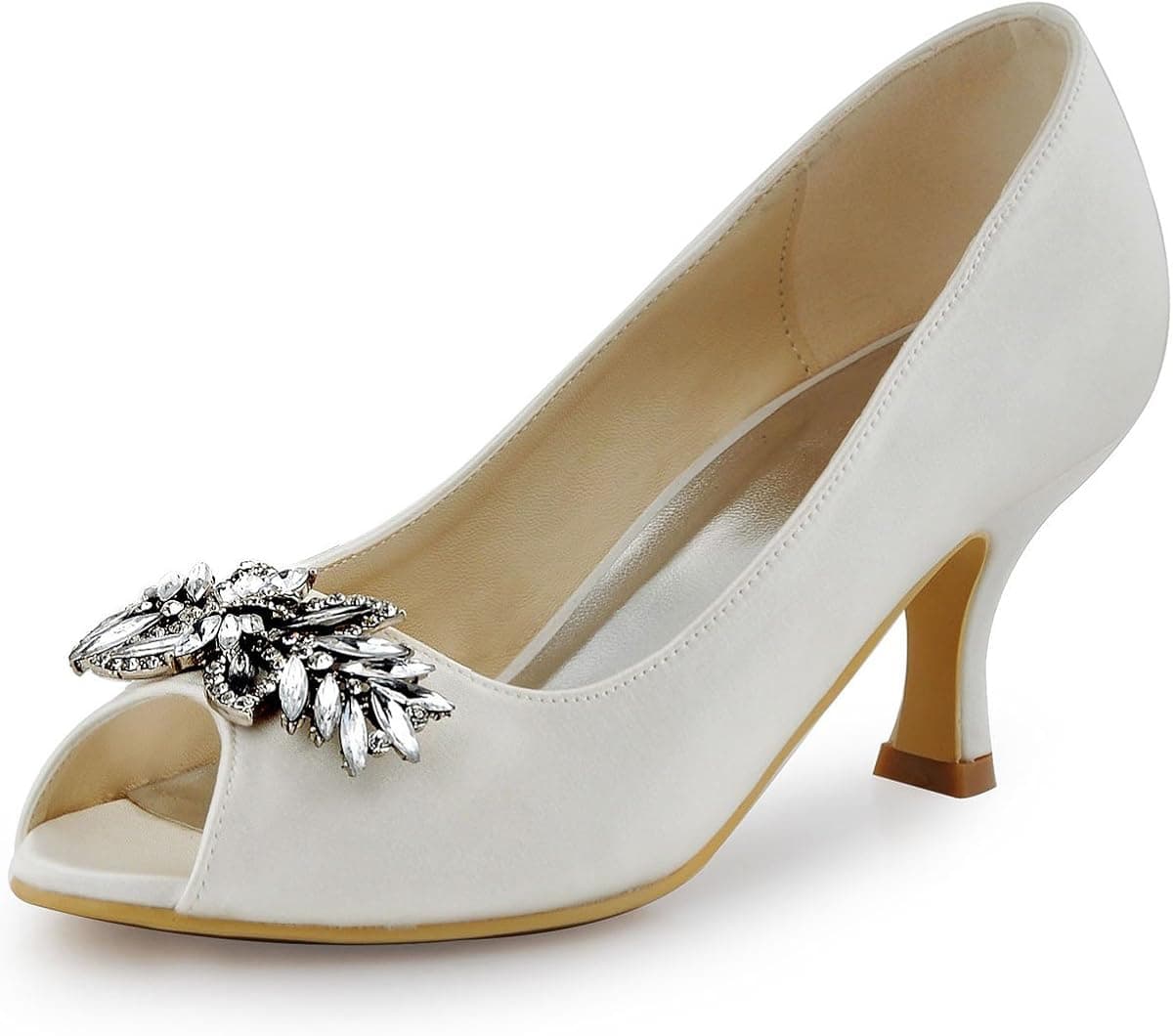 ELEGANTPARK Women Peep Toe Pumps Leaf Rhinestones Comfort Heel Satin Wedding Bridal Dress Shoes