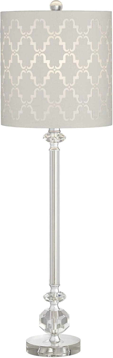 Vienna Full Spectrum Samantha Table Lamp 32" Tall Clear Crystal Column Metal Light Gray Fabric Cutout Pattern Drum Shade Decor for Living Room Bedroom House Bedside Nightstand Home Office Entryway