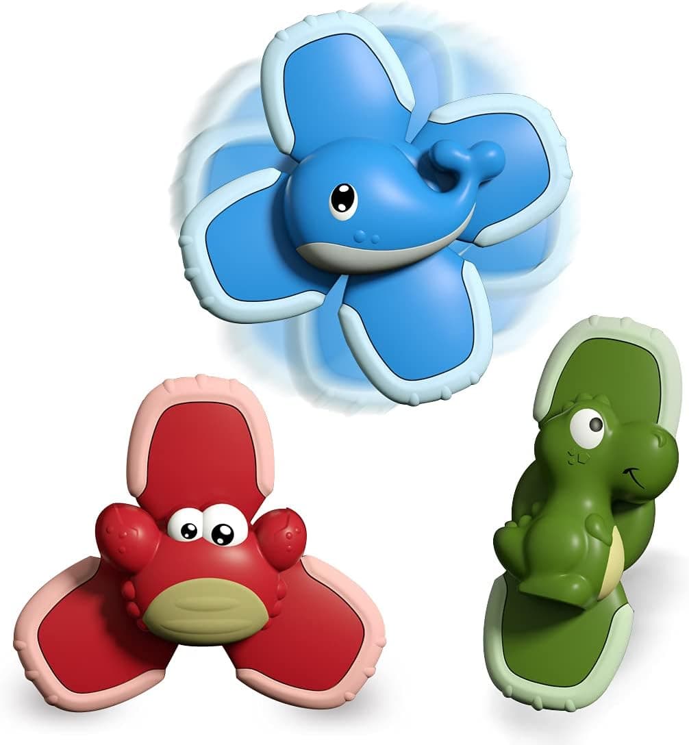 KINGOU 3PCS Suction Spinner Top Toys Baby Finger Suction Cup Spinning Toy for Kids Bath/Travel/Early Learner Time- Whale / Crab / Dinosaur