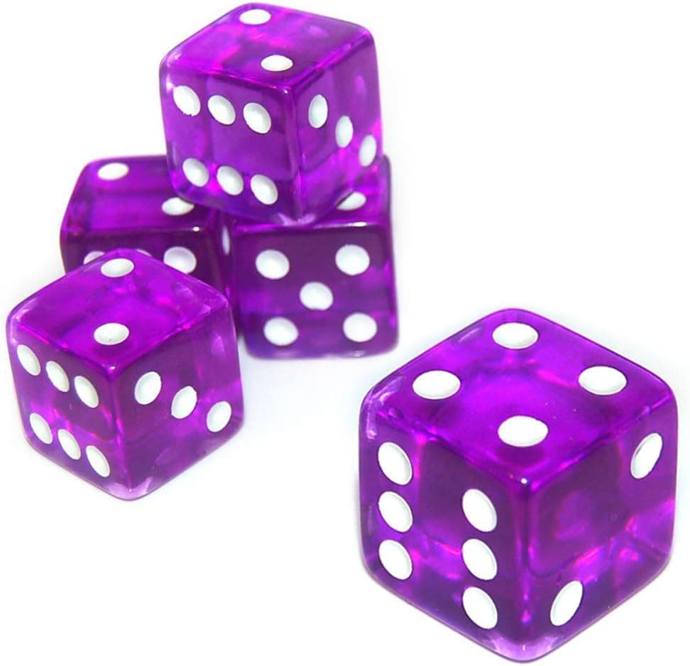 19mm D6 Six-Sided Gaming Transparent Casino Dice (Purple Square Edges, 5pcs)