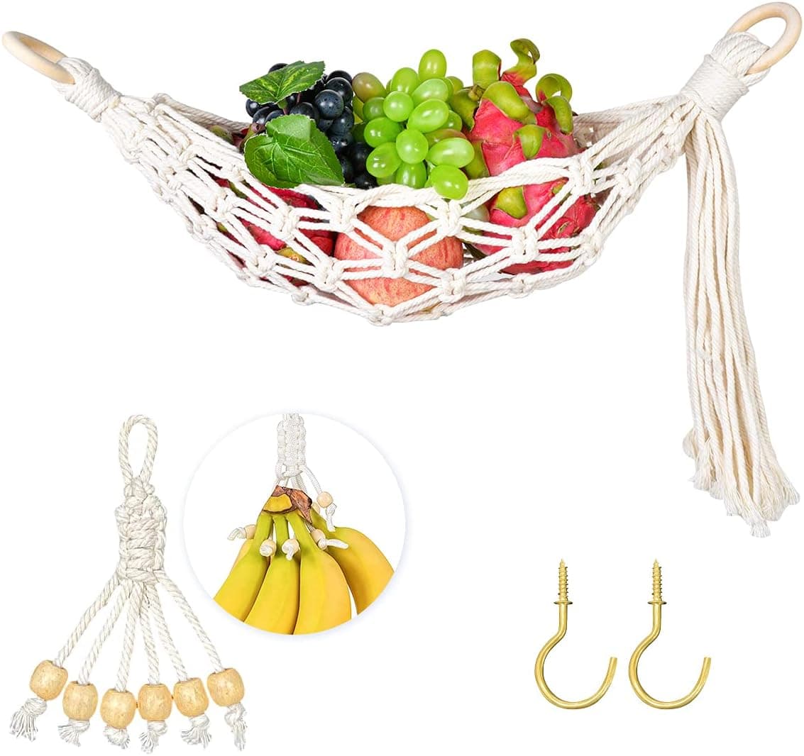 Luxanna Fruit Basket for Kitchen Macrame Hanging Fruit Hammock Under Cabinet Banana Hanger Vegetable Basket with Two Hooks