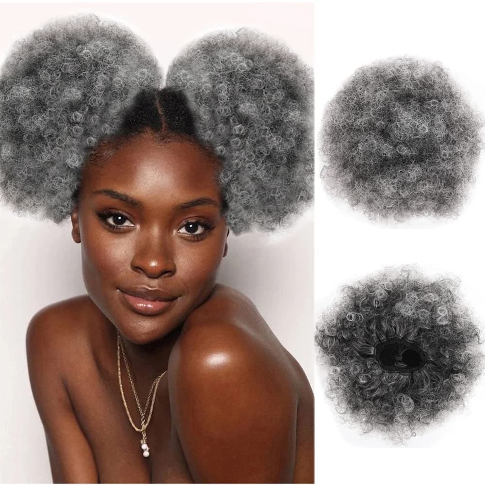 2PCS Afro Puff Ponytail Drawstring Synthetic Short Kinky Curly Ponytail Wig Donut Chignon Hairpieces Wrap Updo Hair Extensions Hair Bun Hairpieces (1B/GREY)