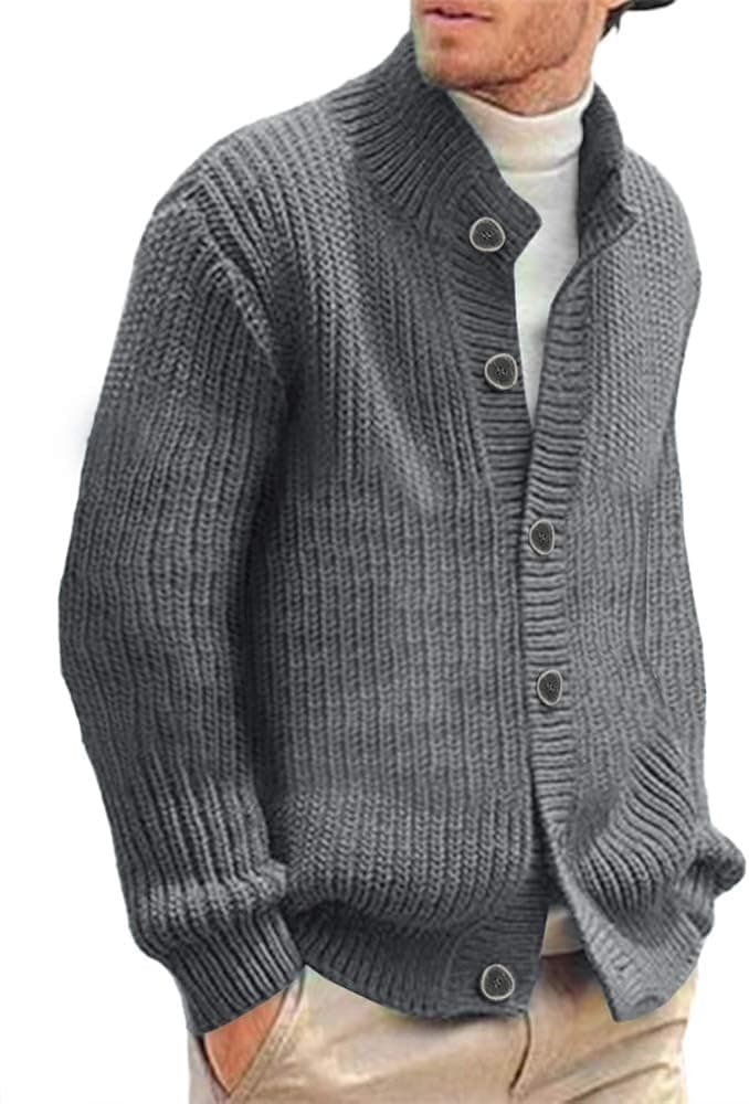 Makkrom Mens Stylish Cable Knitted Button Cardigan Sweater Chunky Stand Collar Sweaters