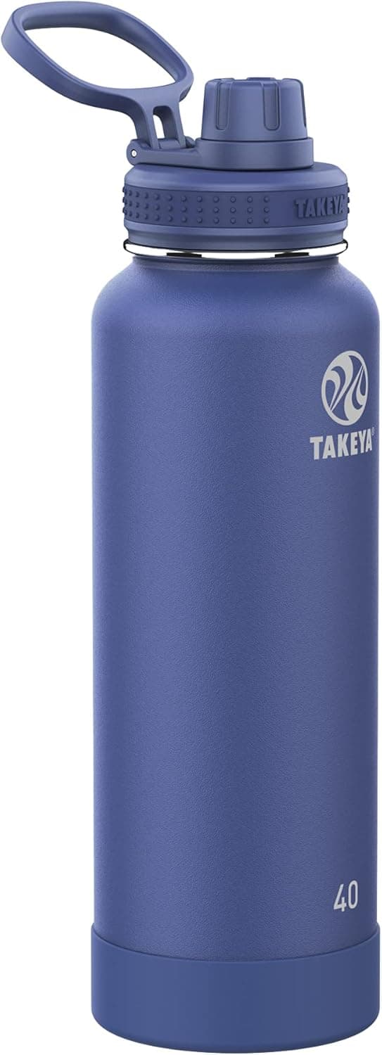 Takeya Pickleball Stainless Steel Insulated Water Bottle with Choice of Lid and Carry Handle, 40 Ounce, Rally Blue