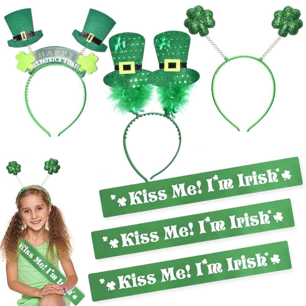 Hayder 6 Pack St. Patrick's Day Decoration Set, 3 Pcs Shamrock headband and 3 Pcs Shoulder Strap , Saint Patrick's Costume Accessories St Patricks Party Favors Decorations