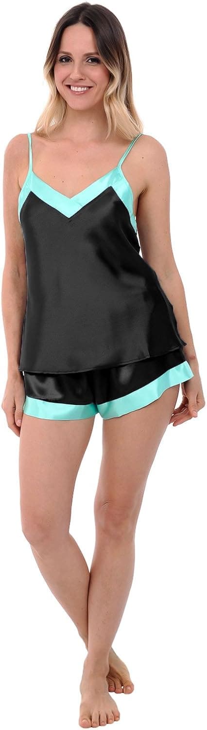 Alexander Del Rossa Womens Satin Pajamas, Cami top and Shorts with Trim, Medium Black (A0783BLKMD)