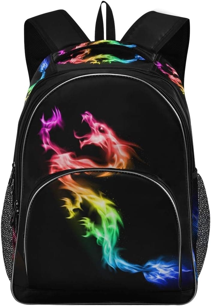 Kids Backpack Fire Rainbow Dragon Three Layer Arc Bookbag for Boys Girls Elementary School Casual Travel Bag Laptop Daypack One Size