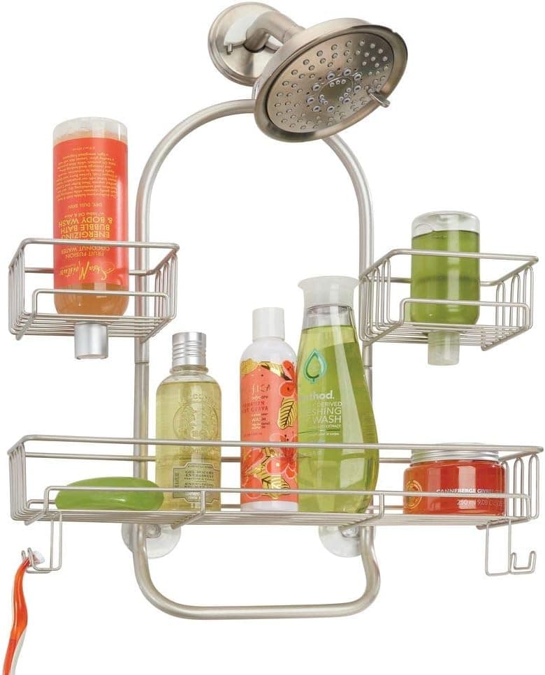 mDesign Extra Wide Metal Wire Tub & Shower Caddy, Hanging Storage Organizer Center with Built-in Hooks and Baskets on 2 Levels for Shampoo, Body Wash, Loofahs - Rust Resistant - Satin