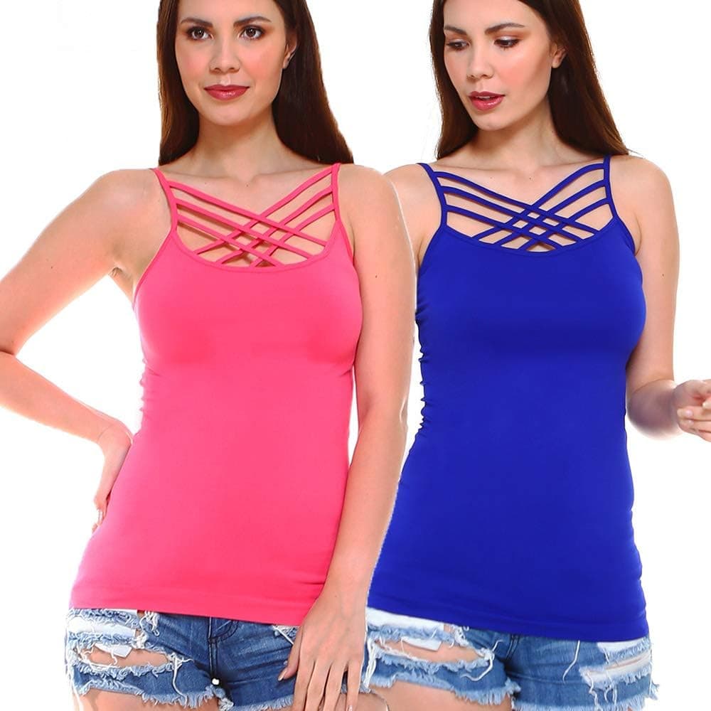 Women Sexy Criss Cross Front Spaghetti Strap Basic Round HollowOut Neck Seamless Camisole Tank Top