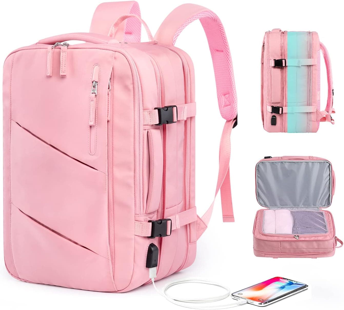 Travel Laptop Backpack, Extra Large 35L Expandable Carry On Backpack for Women Men with USB Charging Port, Water Resistant Luggage Computer Backpacks Bag Fits 15.6 Inch Laptop and Notebook, Pink
