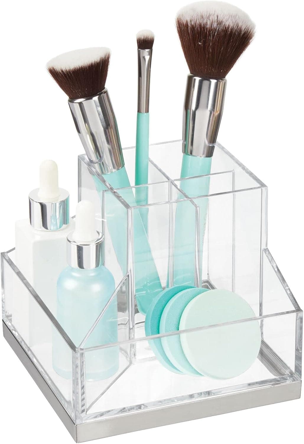 mDesign Plastic Makeup Storage Organizer with 6 Sections for Bathroom Countertops, Vanities to Hold Cosmetic Brushes, Lip Pencils, Gloss, Eye Shadow Palettes, Foundation Pens - Clear/Brushed Metal