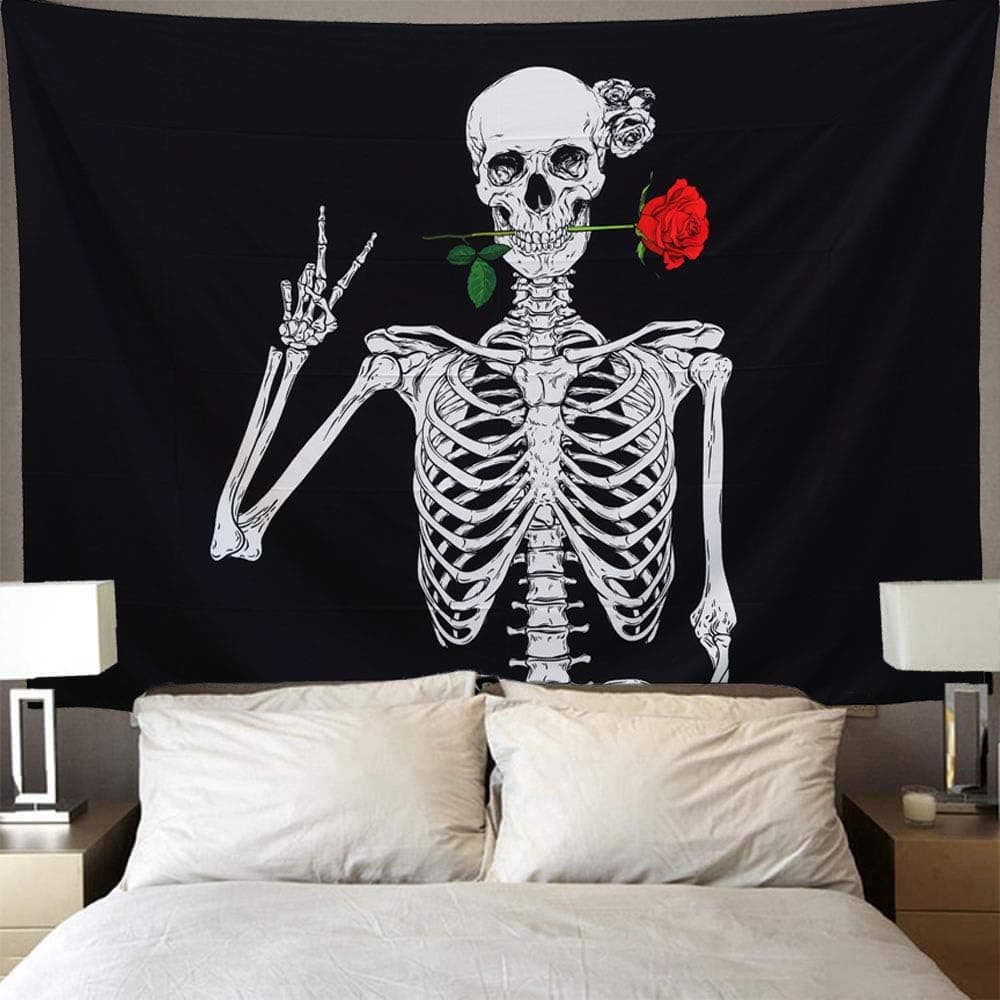 Grace Store Skull Tapestry Rose Rock and Roll Skull Wall Tapestries Human Skeleton Tapestry Black, Withe and Red 59"x51", Halloween Decorations