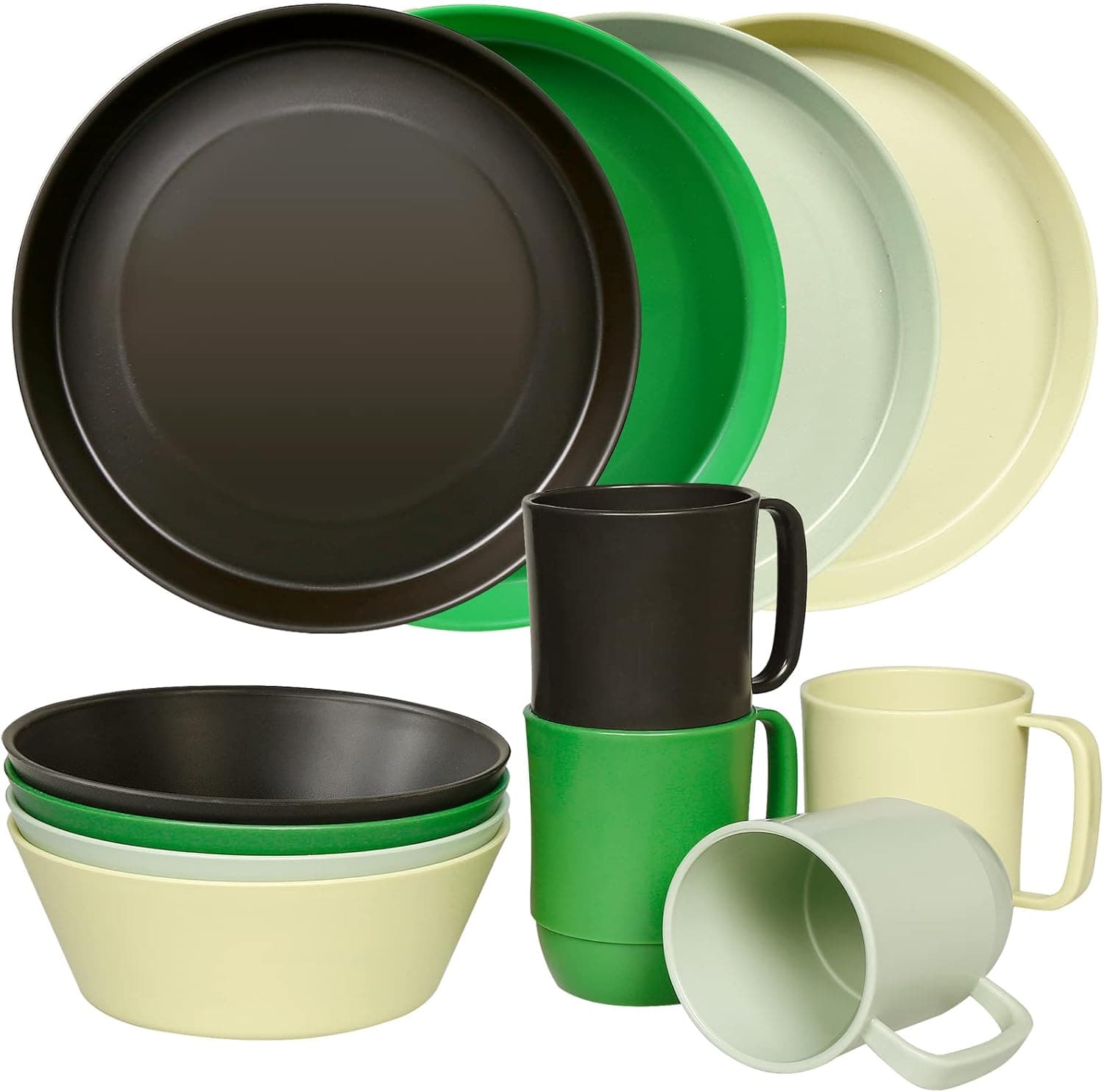 Greentainer Plastic Dinnerware for 4 Set Camping Plates Cereal Bowls Cups for Toddlers/ Kids/Adults Reusable Drinking and Dining Set for College Dorm/RV Microwave Dishwasher Safe BPA Free