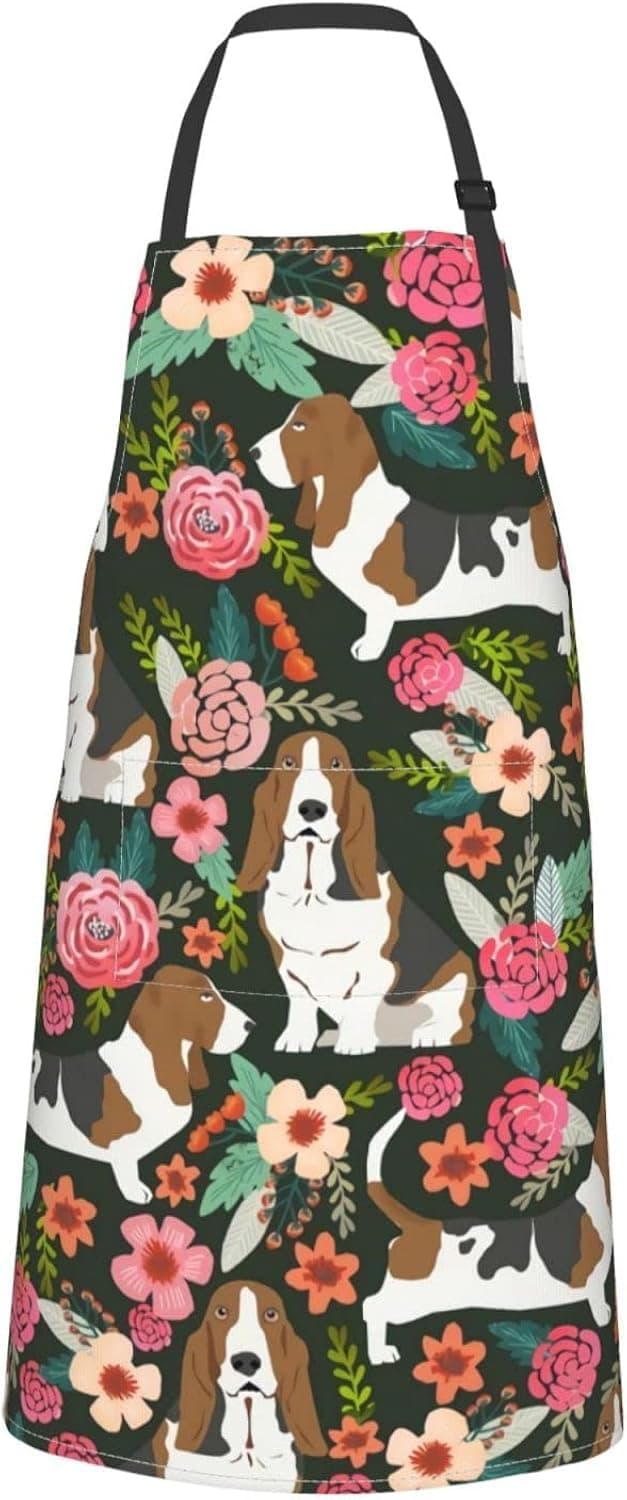 Basset Hound Aprons With Pockets For Men Women Waterproof,100% Polyester 1 Piece Kitchen Apron With An Adjustable Neck & Visible Center Pocket For Cooking Serving