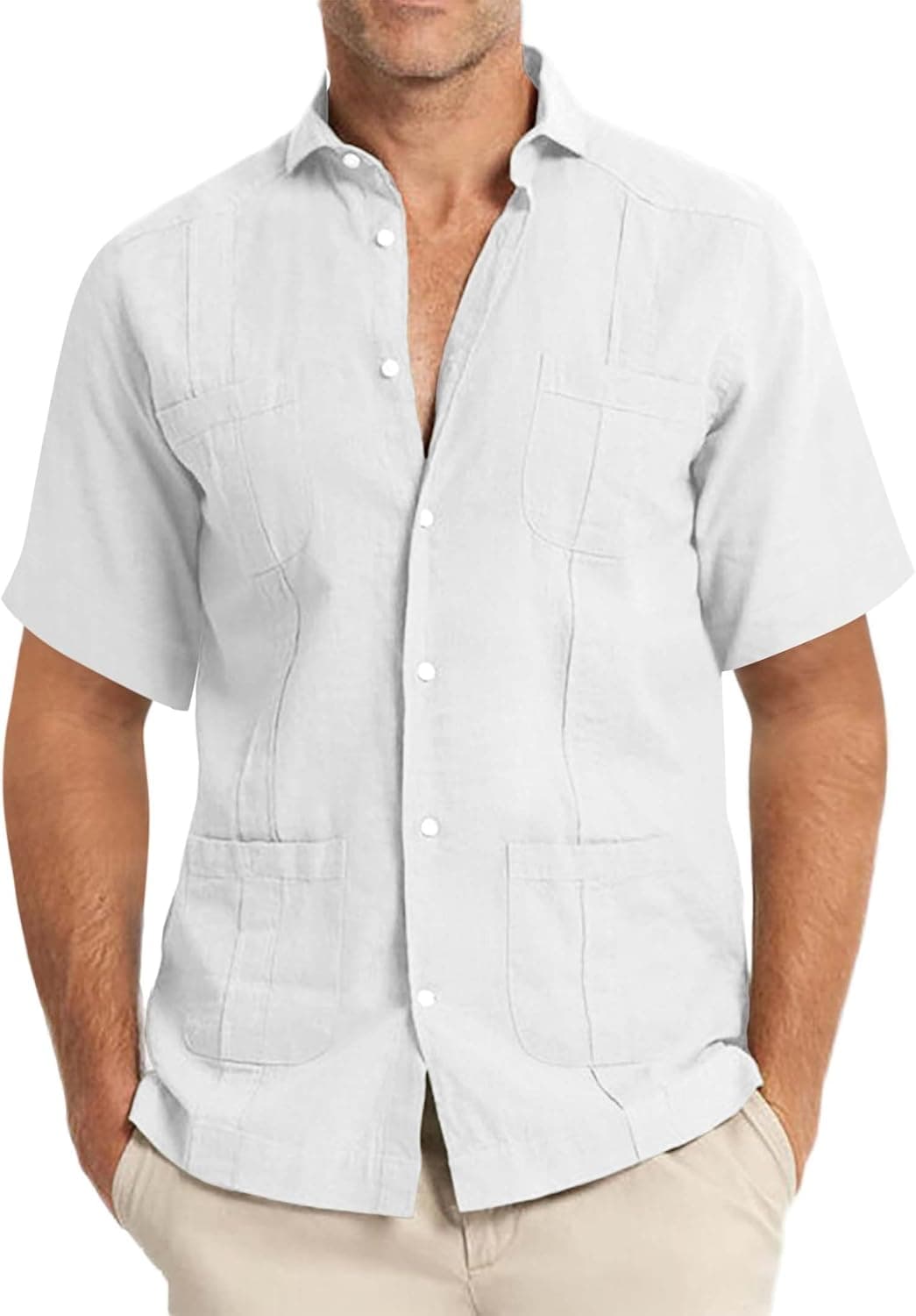 Guayabera Shirts for Men 4 Pockets Solid Cuban Shirt Mexican Style Short Sleeve Casual Button Down Shirts