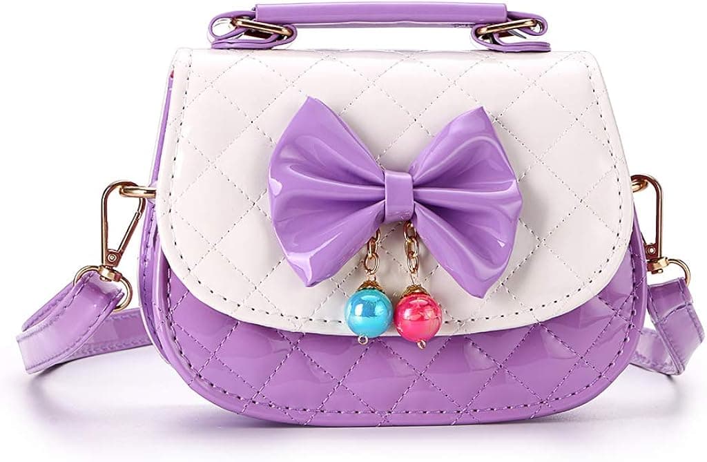 Hipiwe Little Girls Crossbody Purses for Kids - PU Leather Cute Crossbody Shoulder Bags Bowknot Children Handbag for Baby Girls (Purple+White)