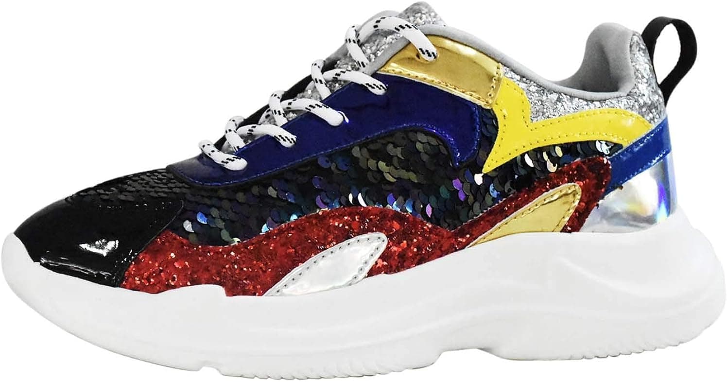 LUCKY-STEP Women Casual Sequin Sneakers Metallic PU Bright Sparkle Holographic Lace Up Walking Shoes (Silver,7 B(M) US)