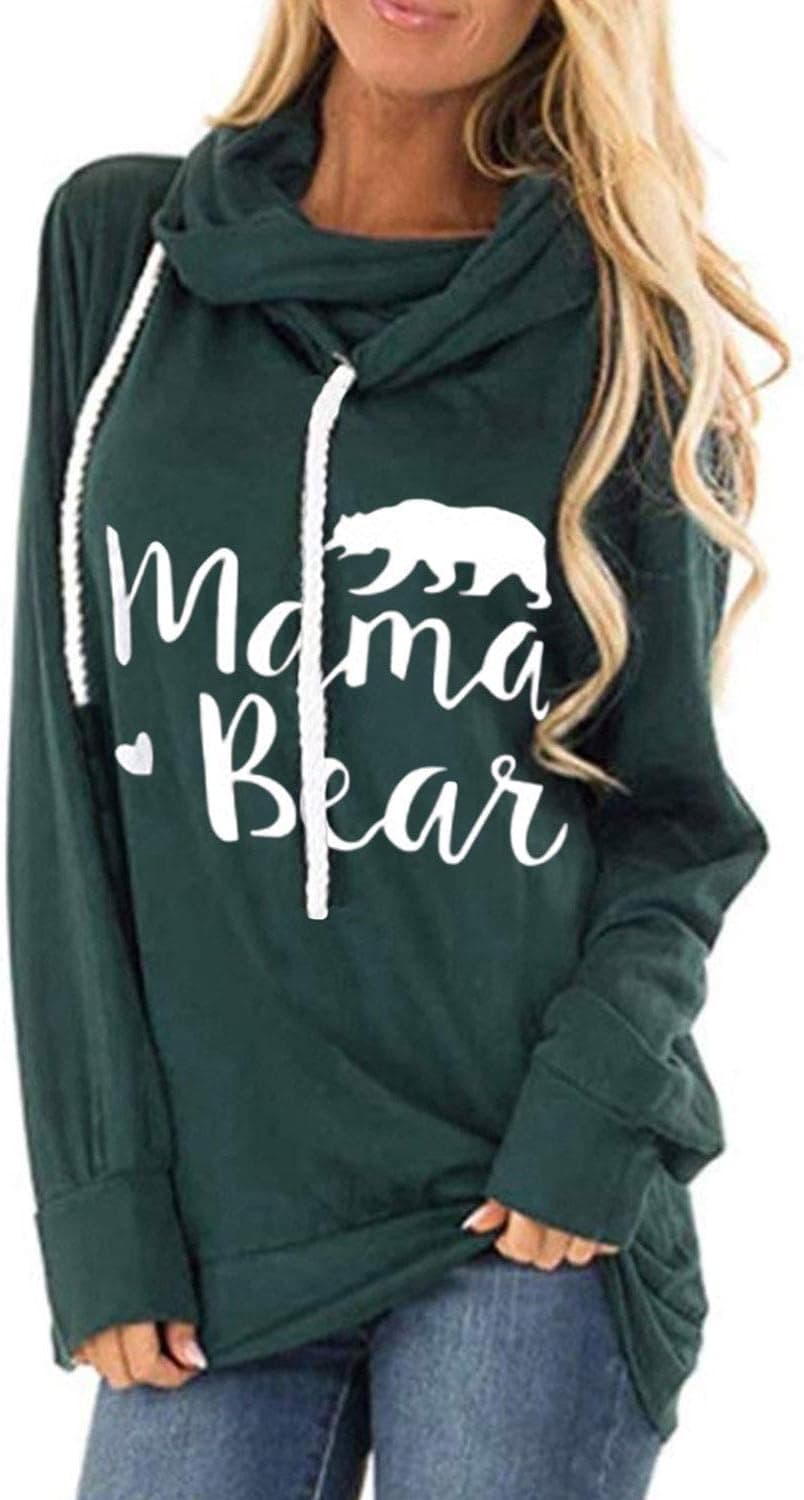 Utoeyarn Womens Mama Bear Printed Long Sleeve Drawstring Hooded Hoodie Sweatshirt L Green