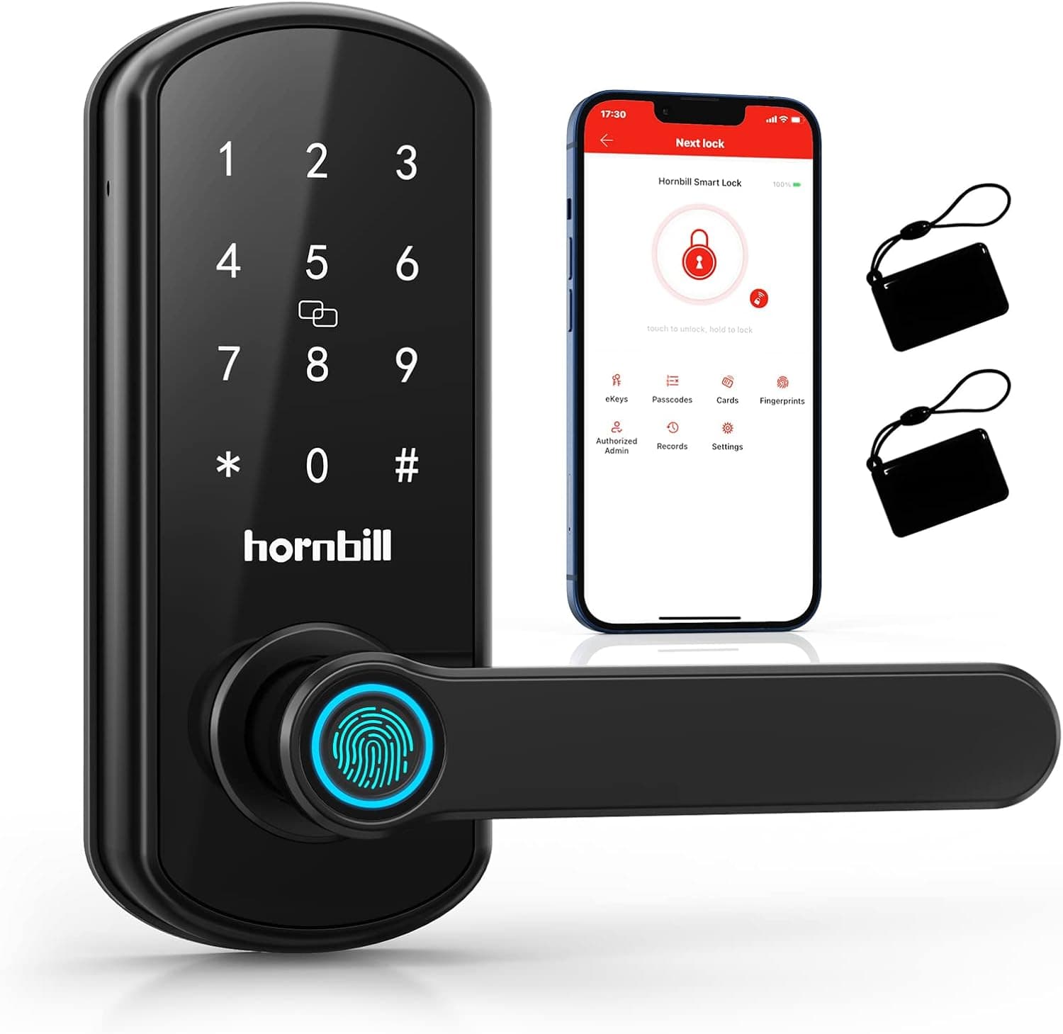 Smart Lock, Hornbill Keypad Door Lock with Handle, Keyless Entry Fingerprint Door Lock, Electronic Digital Front Door Lock App Control, Auto Lock, Keys IC Cards and Passcodes for Bedroom Home Office