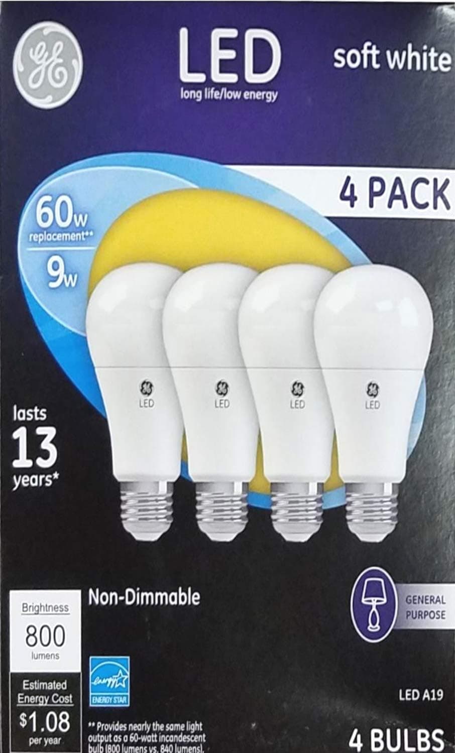 General Electric 61986 4PK WHT 4 Pack 9W Soft White A19 Shape LED Light Bulb, 4 Count (Pack of 1)