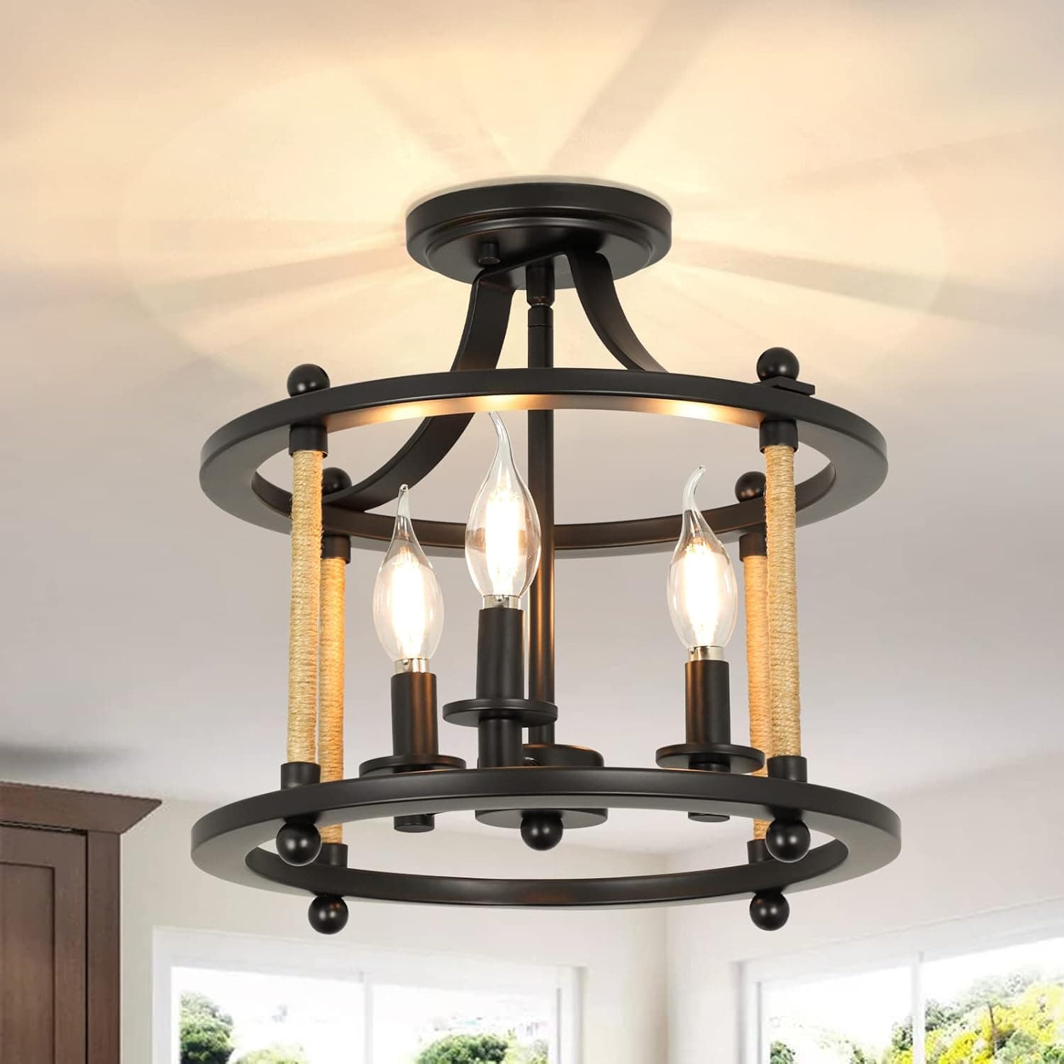DLLT 3-Light Farmhouse Chandelier Light Fixtures, Rustic Drum Hanging Pendant Lighting, Semi Flush Mount Ceiling Light for Dining Room Kitchen Entryway Foyer Hallway, Black Metal Finish, E26 Base