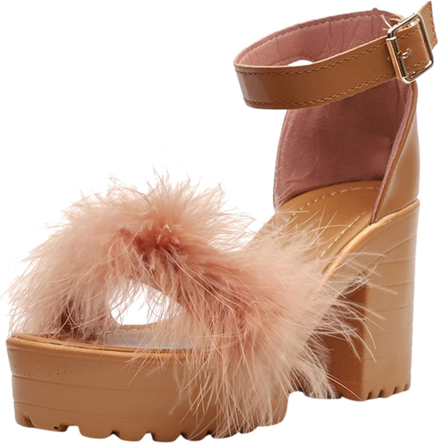 Padaleks Women's Furry Open Toe Chunky High Heel Sandal Ankle Strap Platform Sandals Dress Pumps Wedding Bride Shoes