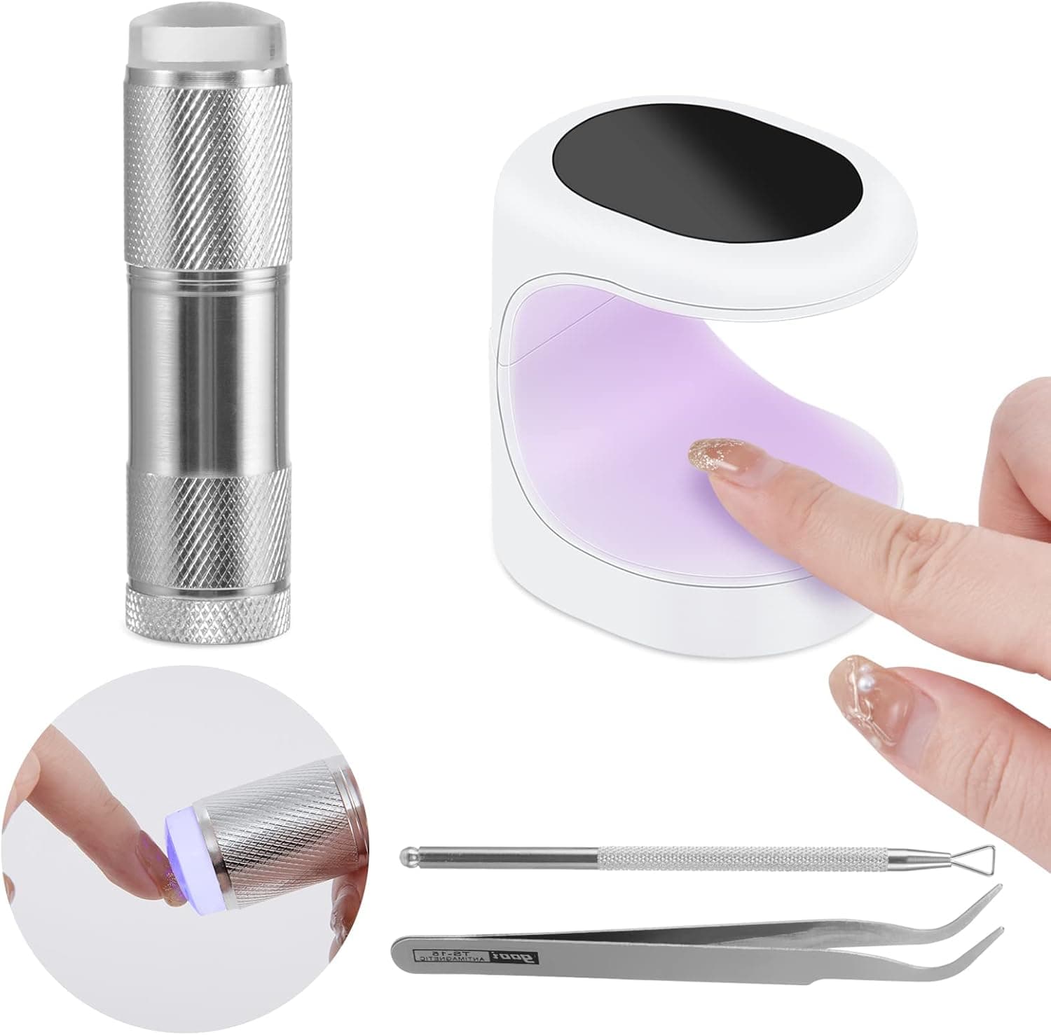 Mini UV LED Nail Lamps - 4Pcs Set Portable Silicone Head Nail Presser & Mini UV LED Dual Light Nail Dryer, Flatten Nail Accessories Small Nail Drying Light for All Nail Gels with Tweezers, Nail File