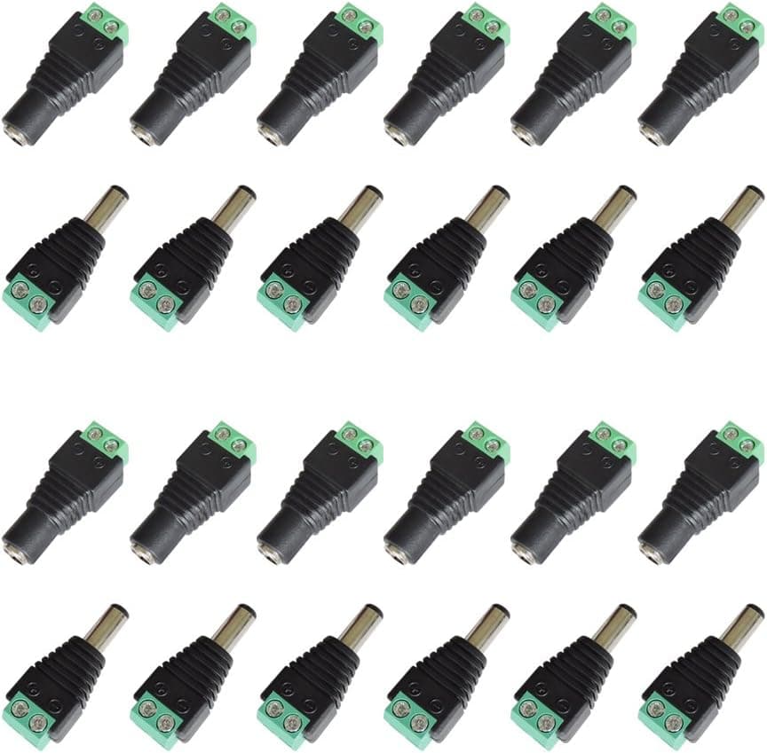 AspenTek 2.1x5.5mm DC Power Cable Jack Adapter Connector Plug for 12V/24V LED Strip Lighting and CCTV Camera (12x Male + 12x Female DC Power Connector)