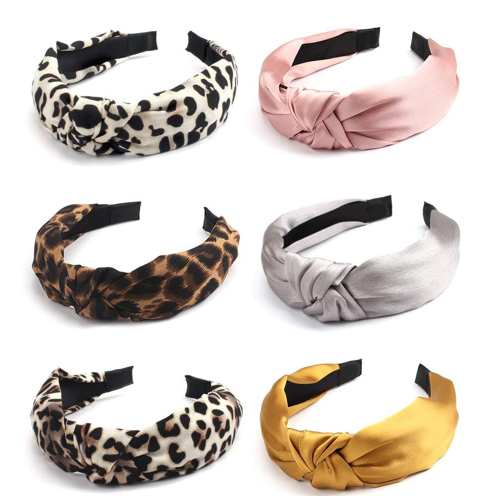 Taomoder 6 Packs Knot Headbands for Women Leopard Headbands Satin Headband Set, Fashion Leopard Headband for Women Charming Knot Headband for Women Hairbands for Women Wide Headbands for Women Bandanas for Women