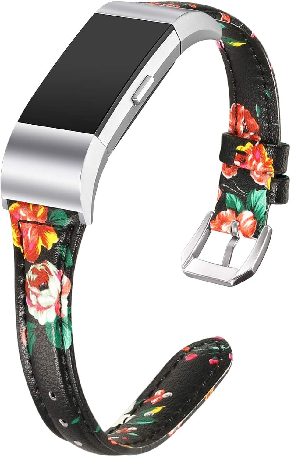 bayite Bands Compatible with Fitbit Charge 2, Slim Genuine Leather Band Replacement Accessories Strap Charge2 Women Men, Black/Red Floral Small