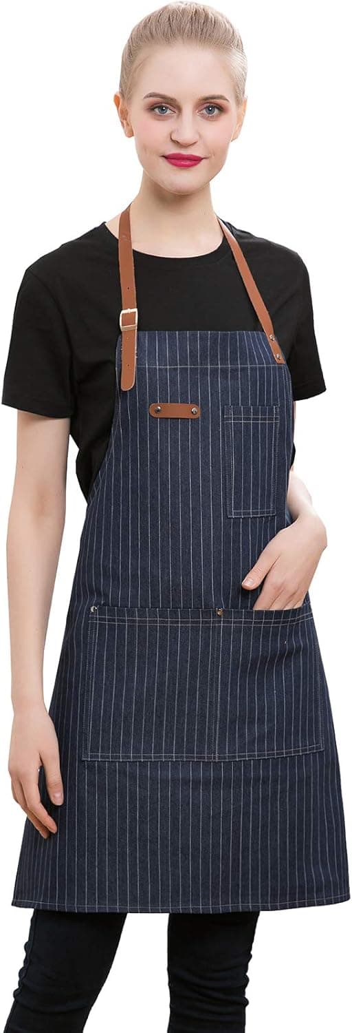Denim Aprons for Women or Men, Hairdresser Apron, Denim Hairstylist Apron, and Kitchen Apron with Pocket (Blue Stripe)