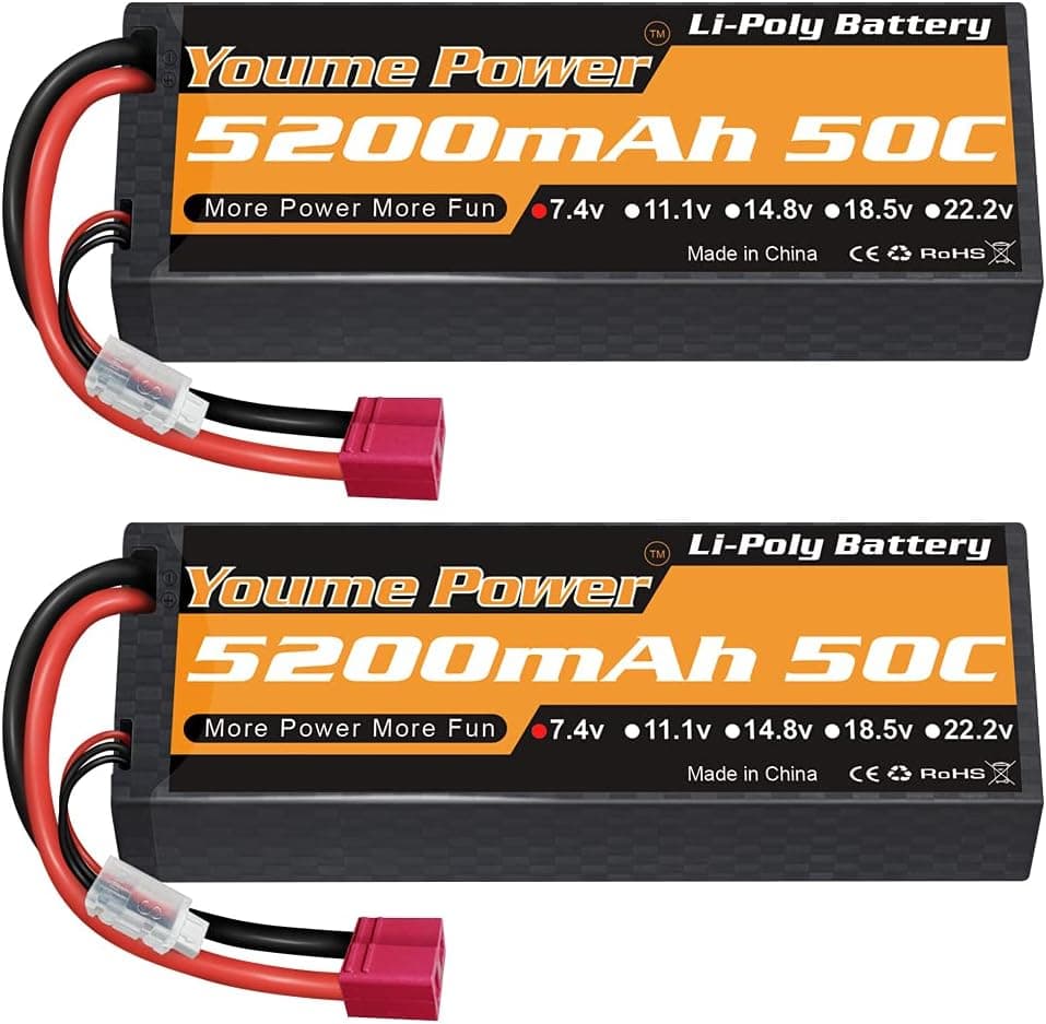 Youme Power 2S Lipo Battery 5200mAh,2 Packs 7.4V RC Lipo Battery 50C Deans T Plug Hard Case for 1/8 1/10 RC Car Trucks Vehicles Buggy Truggy Helicopter Airplane Drone FPV