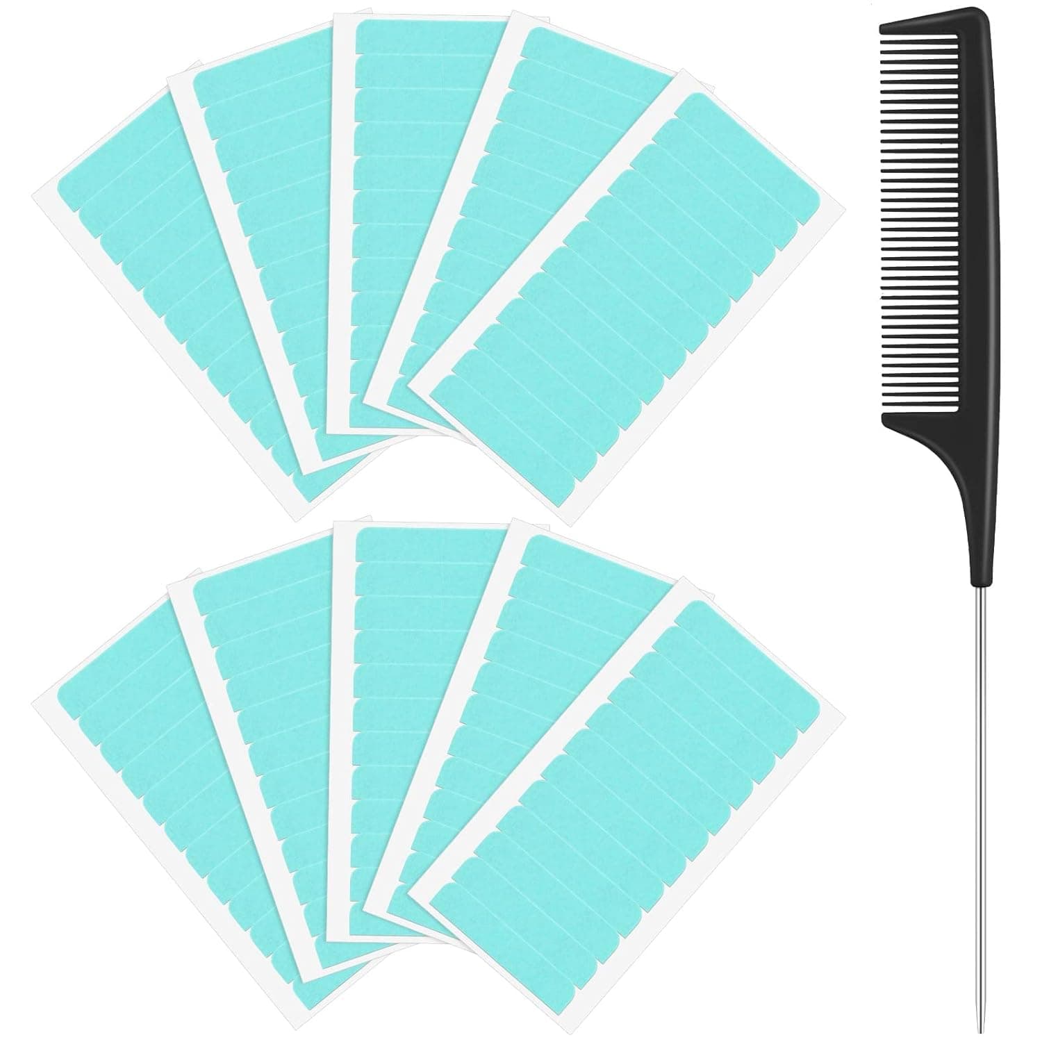 120 Pieces Hair Extension Tape Tabs Double Sided Adhesive Extension Replacement Tapes Strong No-Residue Adhesive Hair Extension Tape with Rat Tail Comb Stainless Steel Pintail Comb (Blue)