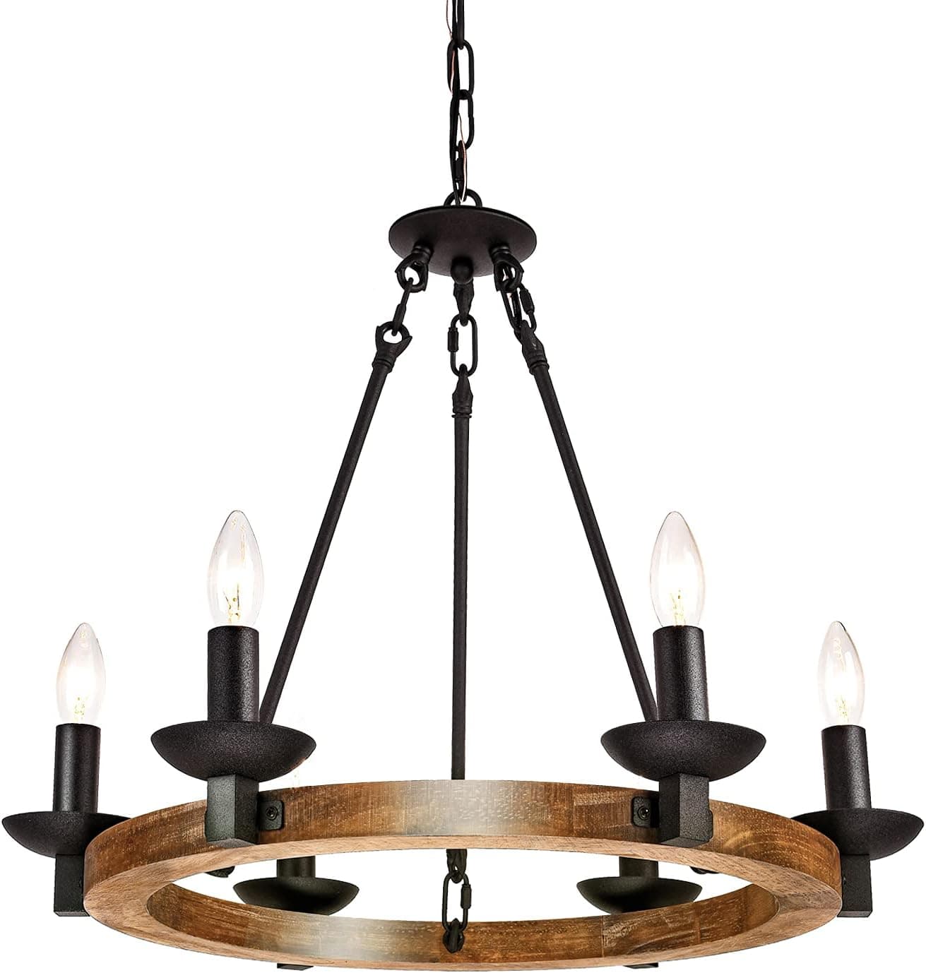 GZBtech Farmhouse Chandeliers for Dining Room, 6-Light 22.83" Adjustable Kitchen Island Lighting Fixture, 120V Metal & Wood Wagon Wheel Chandelier Vintage Round Pendant Lights for Foyer Living Room