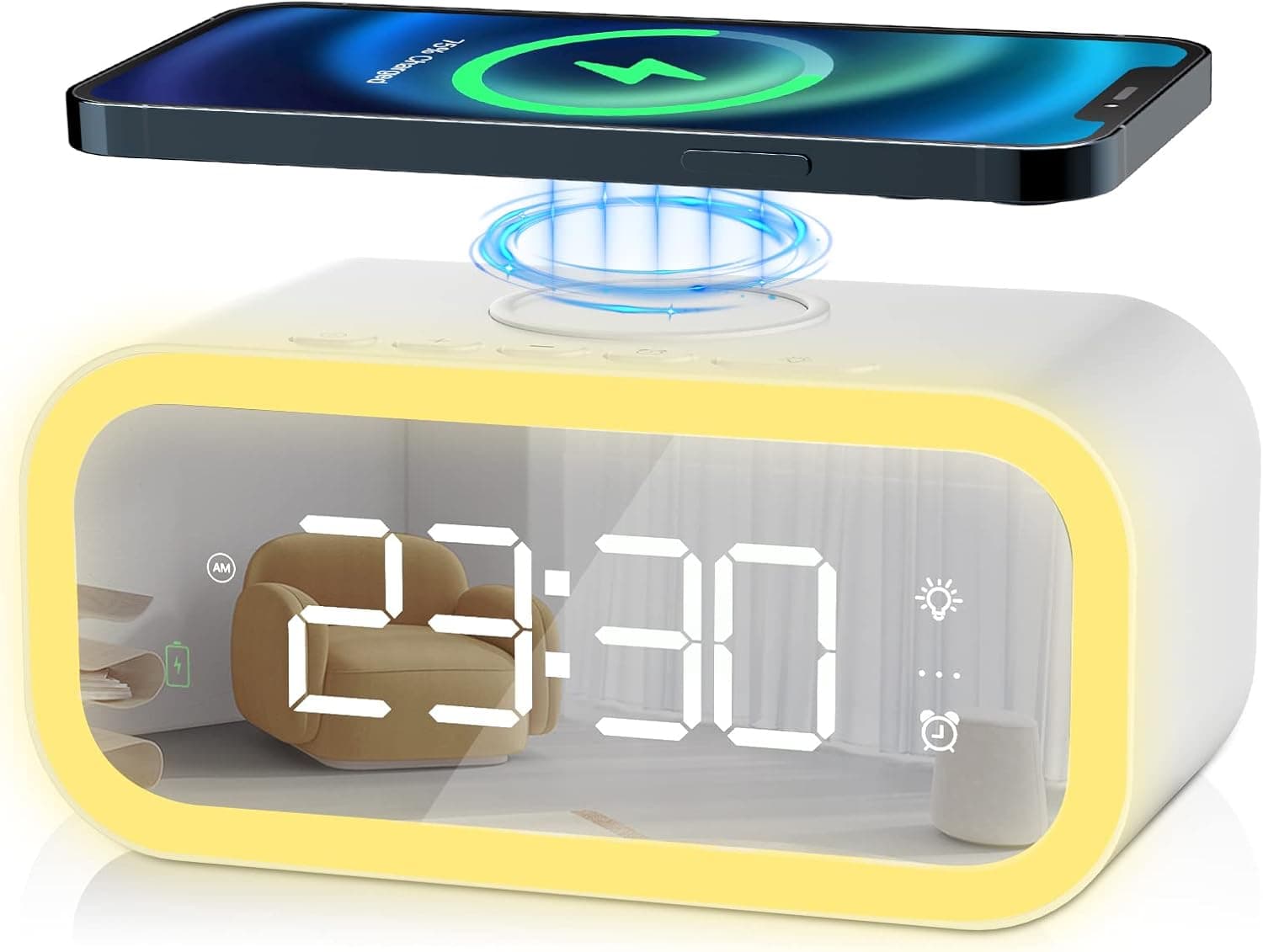 LATICITY Digital Alarm Clock with Wireless Charging,15W Fast Wireless Charger with 3 Alarms,Warm Night Lightn,USB Charging Port,12/24H,Modern Digital Mirror Clock, Bedroom, Living Room, Office