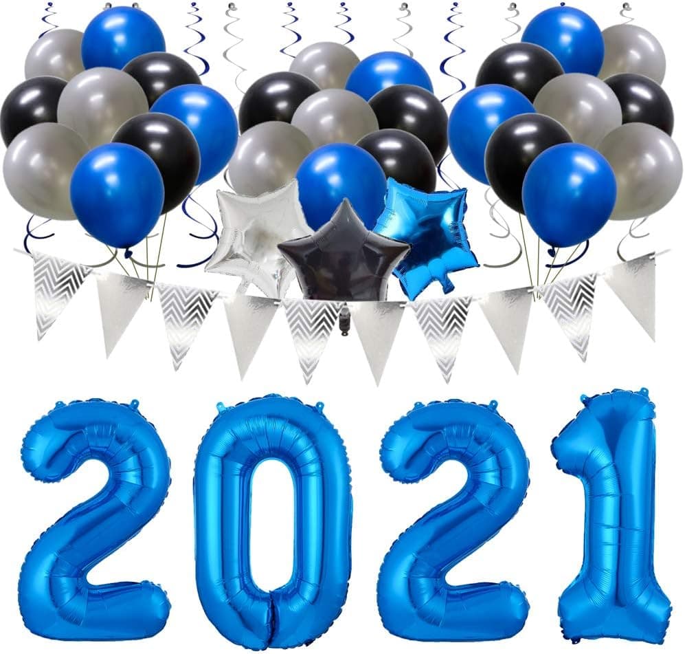Meiduo Graduation Decorations 2021 Blue Balloons - New Years Eve Party Supplies - Hanging Swirls, Latex Balloons, Star Foil Balloons, Silver Pennant Flag for Prom Birthday Wedding Anniversary, 46PCS