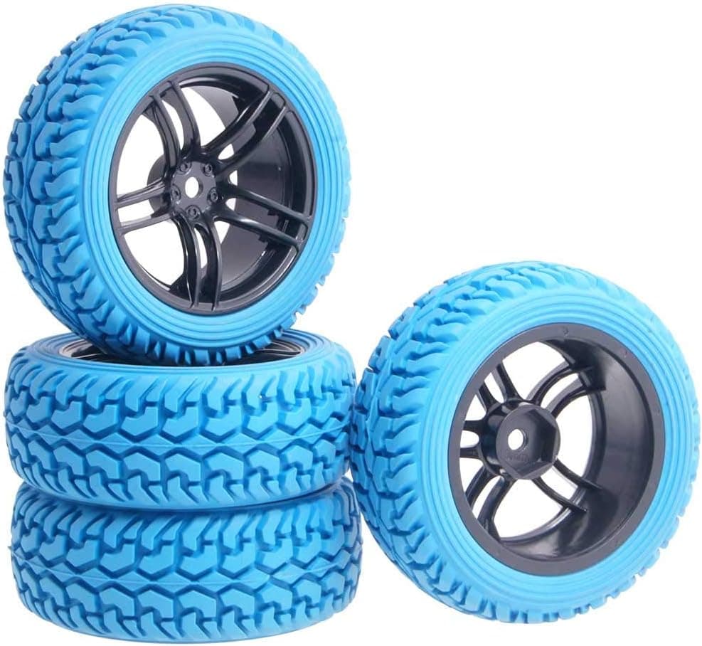 LAFEINA 1:10 Rally Car Rubber Tires Tyre and Wheel Rim Set for 1/10 Scale HSP 94123 HPI Kyosho Tamiya RC On Road Car(Blue)