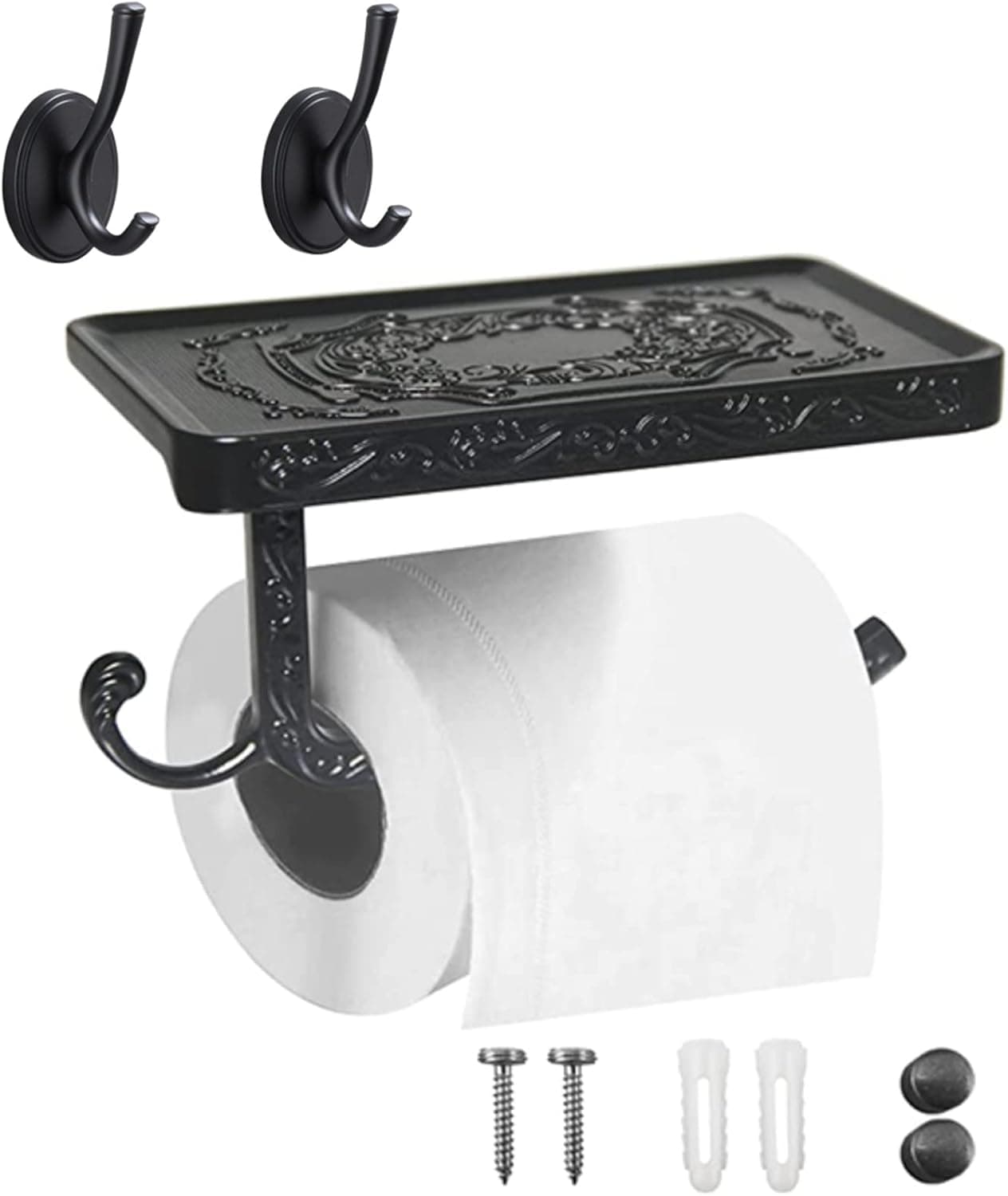 BHL Toilet Paper Towel Holder, Bathroom Holder with Mobile Phone Shelf , Space Aluminum Rust-Proof Wall-Mounted Roll and Two Hooks