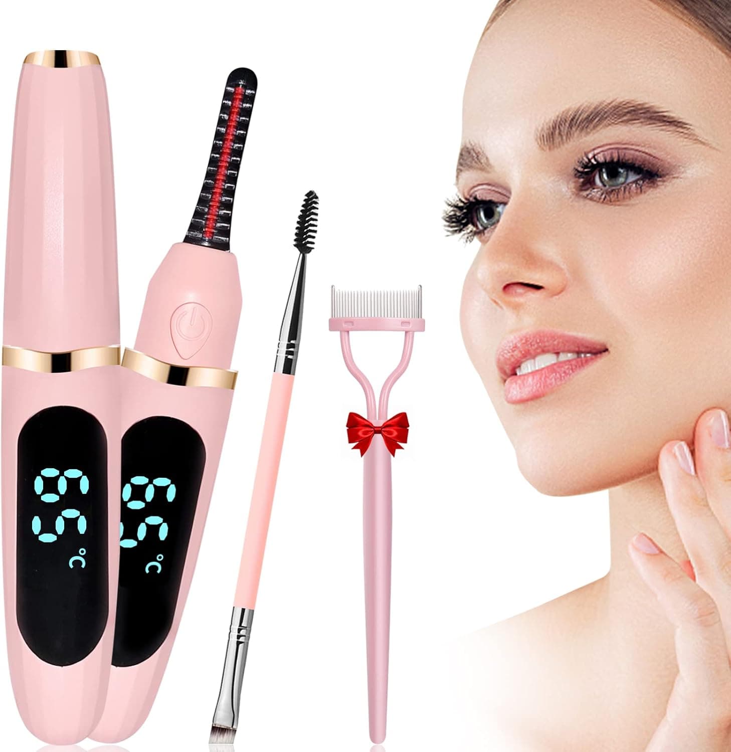 Acavado Heated Eyelash Curlers Heated Lash Curler with Comb Electric Eyelash Curler LED Display 3 Temperature Settings for Makeup Natural Curling 24H Long Lasting Eye Lashes Tool for Women Pink