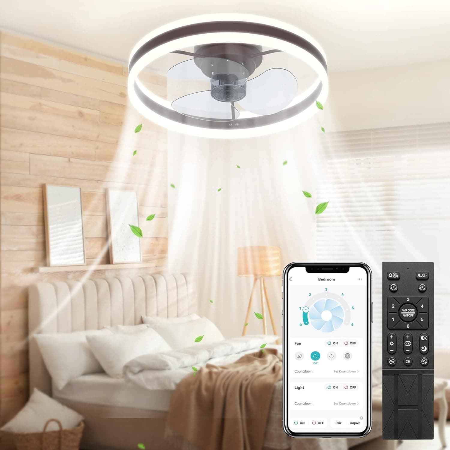 WERBUY 16'' Ceiling Fans with Lights and Remote APP Control, Low Profile Flush Mount Small Ceiling Fan for Bedroom Kitchen TV Room with 6 Speeds/Quiet Reversible DC Motor/Smart Timing -3 ABS Blades