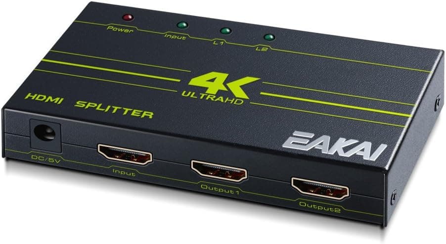 4K 3D HDMI Splitter Distributor 1x2, EAKAI Ultra HD 1 in 2 Out HDMI Splitter Amplifier Hub Support HDMI 1.4 (One Input to Two Outputs) with DC5V Power Supply