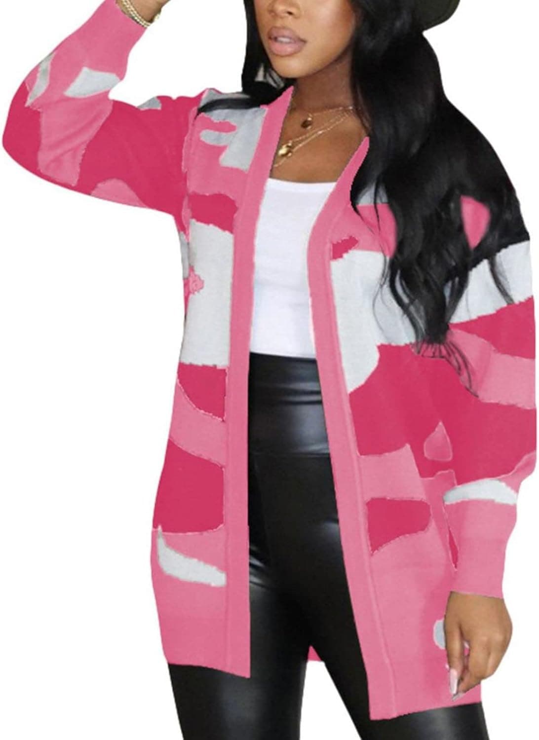 Women Camo Cardigan Casual Open Front Long Sleeve Sweater Coat Outwear