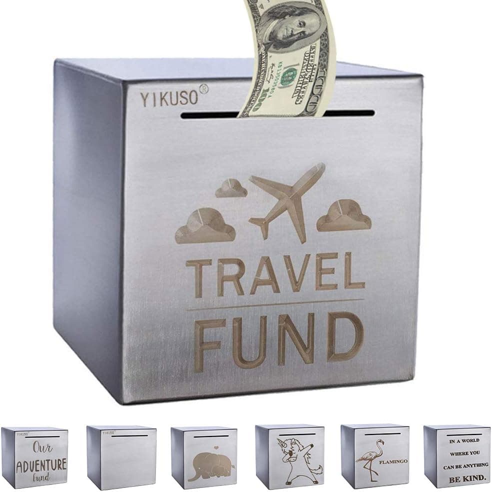 ZSYKD Safe Travel Piggy Bank for Adults,Boys,Girl, Made of Stainless Stell, Safe Box Money Savings Bank for Lover,Thanks Giving Gift,Can Only Save The Piggy Bank That Cannot be Taken Out(Travel Fund)