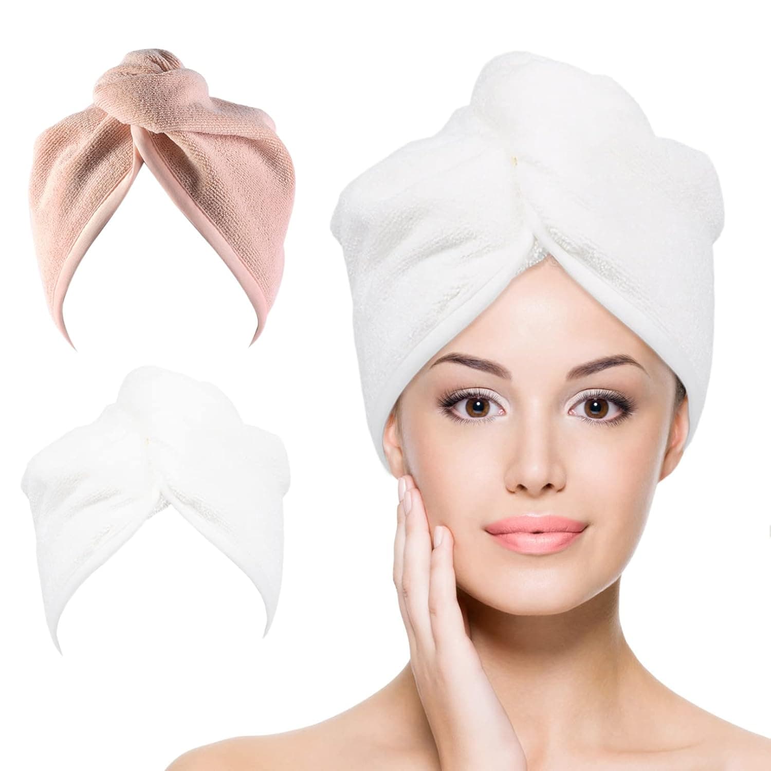 YoulerTex Microfiber Hair Towel Wrap: Women 2 Pack 10 inch X 26 inch, Super Absorbent Quick Dry Hair Turban for Drying Curly Long & Thick Hair (Peachy Beige+White)