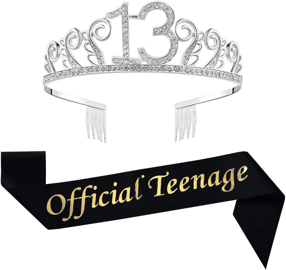 13th Birthday Tiara and Sash, Crystal Rhinestone Birthday Crown and Black Glitter Satin Sash"Official Teenage" Birthday Party Supplies Favors for 13th Birthday Party Birthday Cake Topper