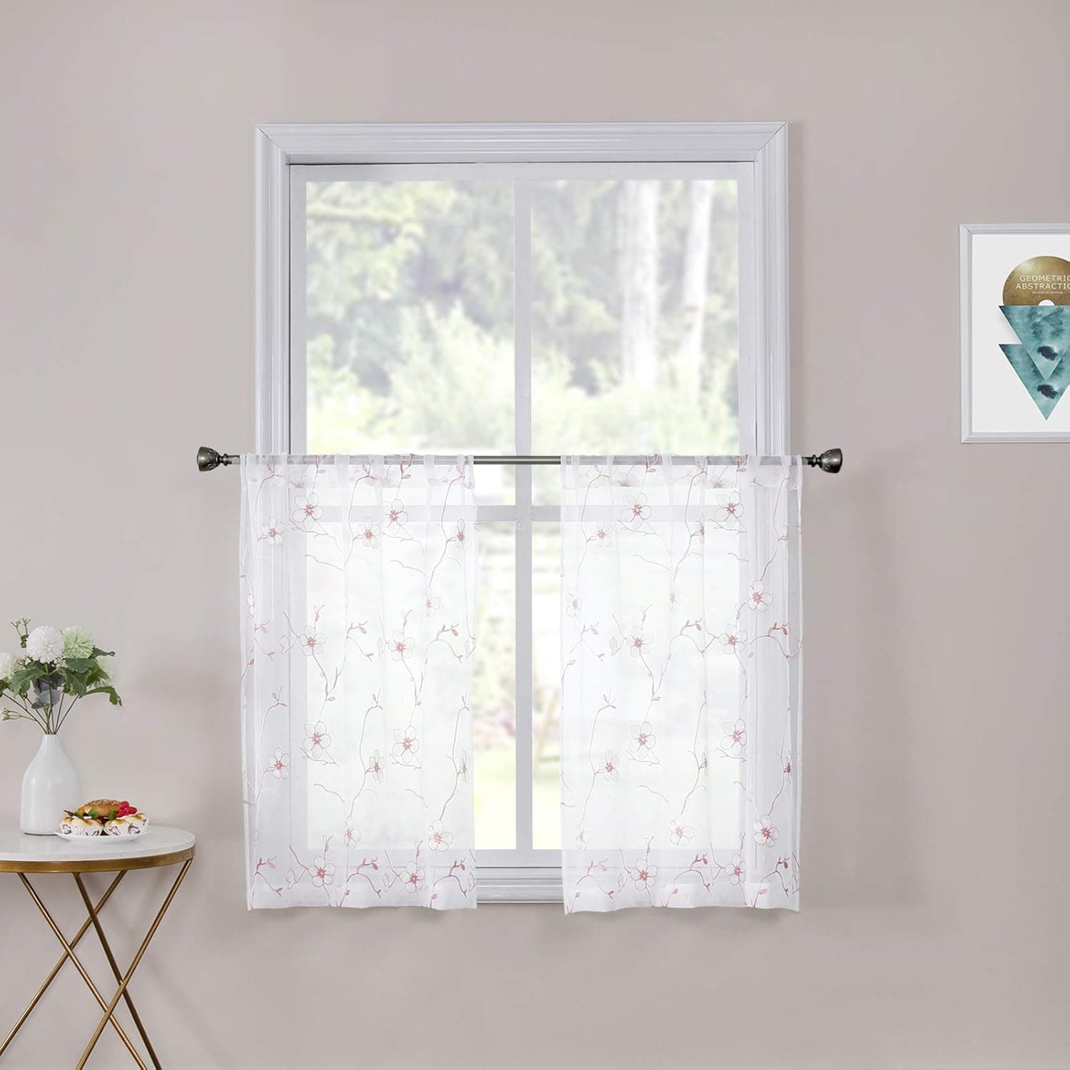 Tollpiz Flower Short Sheer Tier Curtains Pink White Blossom Embroidery Half Kitchen Curtain Rod Pocket Voile Embroidered Floral Curtains for Bathroom, 30 x 24 inches Long, Set of 2 Panels